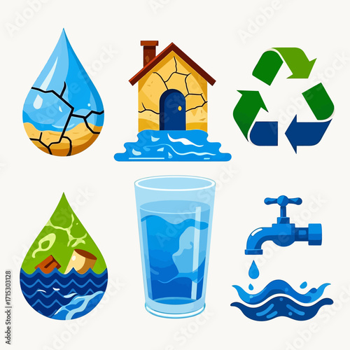 Water scarcity, conservation, and recycling icons illustrate environmental challenges and solutions.