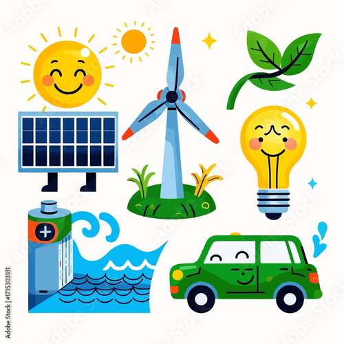 Cheerful cartoon icons illustrate renewable energy sources: solar, wind, hydro, and electric vehicles.