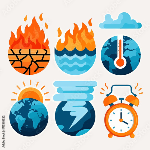 Climate change icons depicting fire, drought, floods, rising temperatures, storms, and a time alarm.