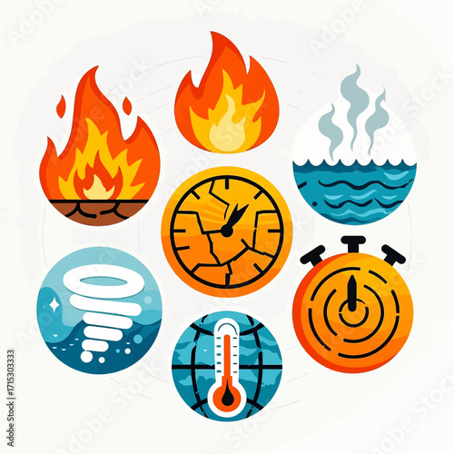 A collection of circular icons illustrating environmental challenges including fire, drought, extreme weather, and rising temperatures, symbolizing climate change and its impacts.