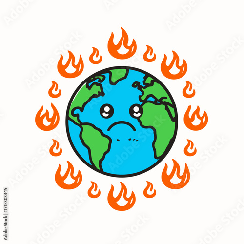 A sad, crying Earth surrounded by a ring of small, stylized flames, illustrating environmental distress and global warming.