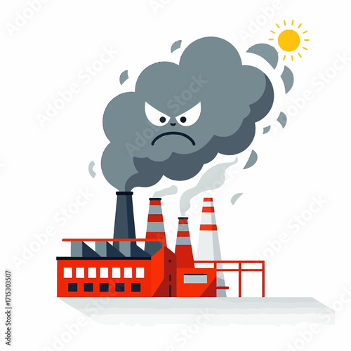 An industrial factory emits a large, angry-faced cloud of dark smoke, symbolizing air pollution and environmental damage.