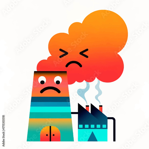 A cartoon factory with a sad face emits a large, angry cloud of orange and red smoke, symbolizing industrial air pollution.