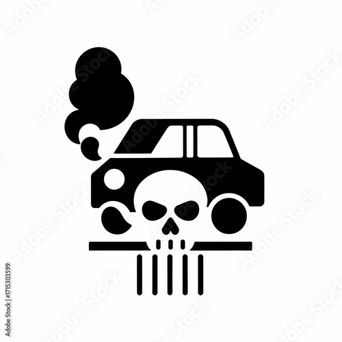 A stylized black silhouette of a car emitting dark smoke, with a skull symbol prominently displayed on its front, suggesting environmental pollution and danger.
