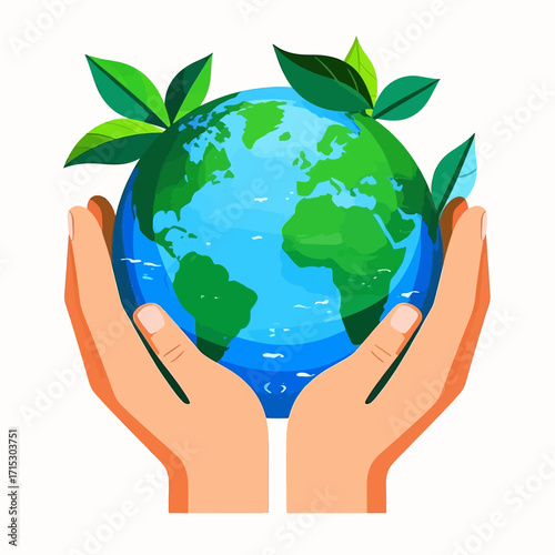 Two hands cupping a vibrant Earth, symbolizing environmental protection and sustainability with green leaves.