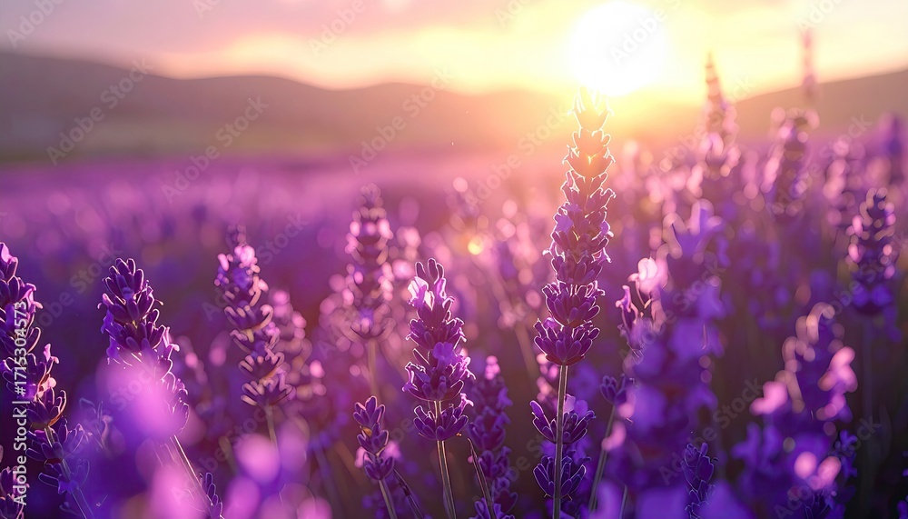 Naklejka premium Cinematic Purple Lavender Field Under Glowing Sunlight with Ultra Sharp Grain Detail and Mountain Background in HDR Photography