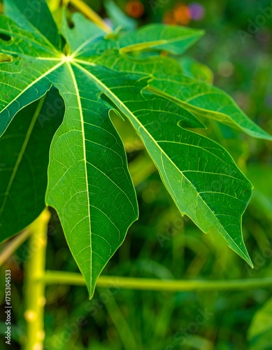 Close-up vibrant papaya leaf