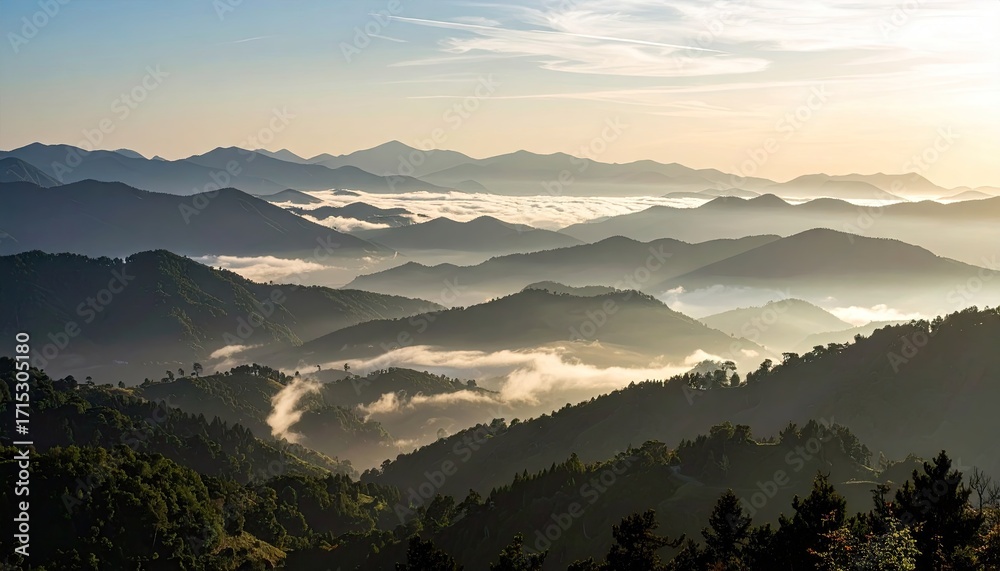 Obraz premium Sunrise Over Misty Mountain Range
