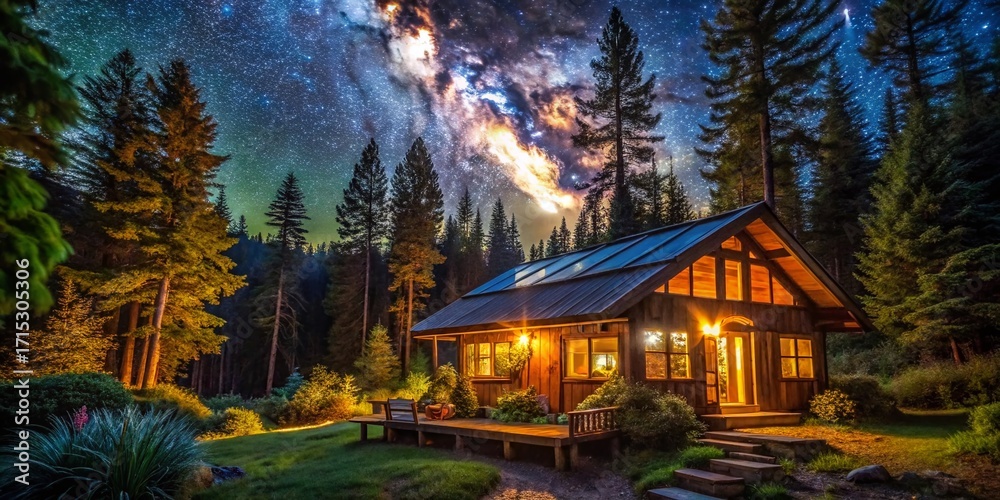 Fototapeta premium Sustainable Off-Grid Cabin at Night - Eco-Friendly Nature Retreat