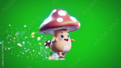 Cute Cartoon Mushroom Character Running with Sparkles Green Screen