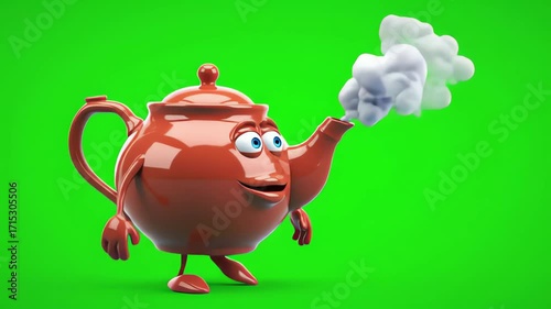 Animated Teapot Character Walking With Steam Green Screen Background