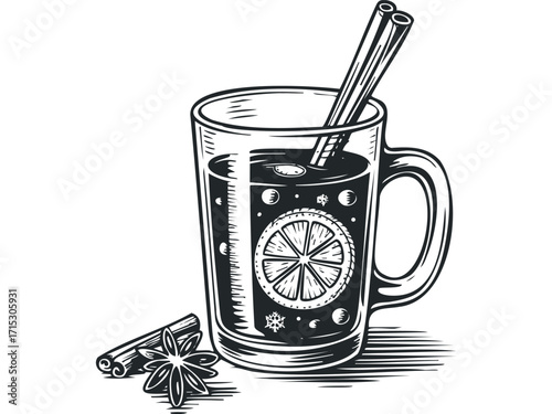 Glass of Warm Mulled Wine with Cinnamon Sticks and Orange Slice. Vector hand drawn