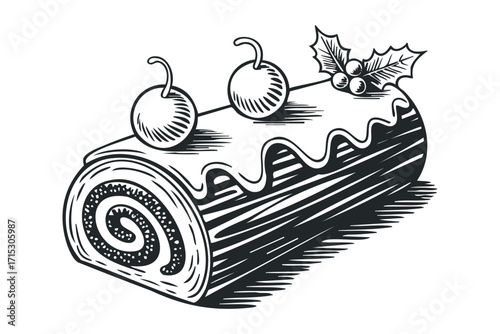 Christmas Yule Log Cake with Holly and Cherries. Vector hand drawn