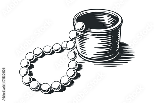 Pearl bracelet draped over a cylindrical object on transparent background. Vector hand drawn