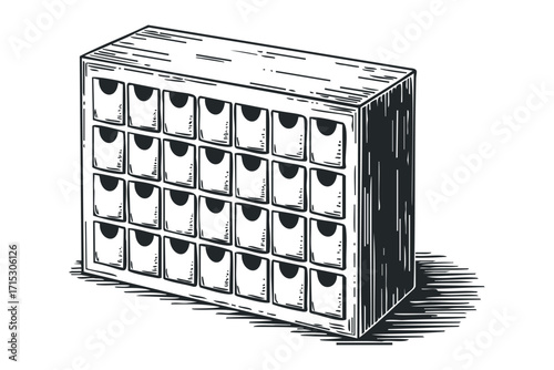 Wooden cabinet with twenty drawers sketch. Vector hand drawn