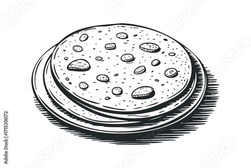 Stack of pancakes with air bubbles image. Vector hand drawn