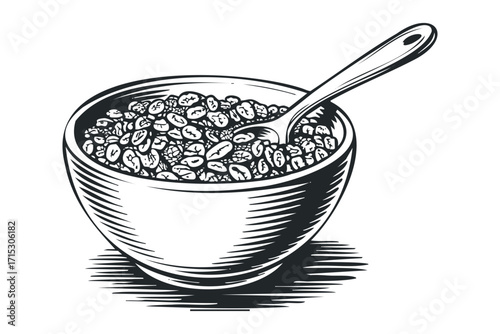 Bowl of coffee beans with spoon,. Vector hand drawn