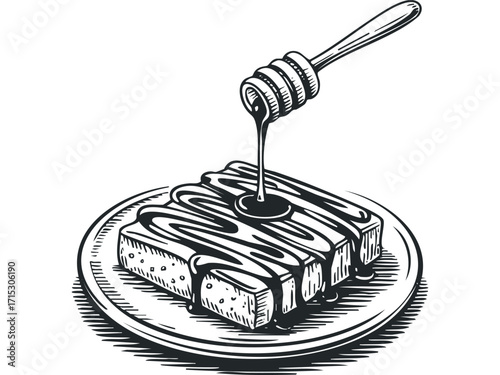 Dessert with chocolate glaze poured from wooden dipper on plate. Vector hand drawn