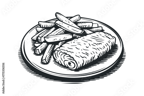 Plate of fish and chips sketch transparent background. Vector hand drawn