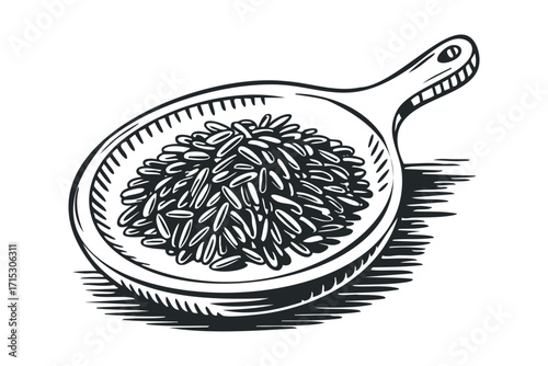 Uncooked rice grain portion in simple scoop image. Vector hand drawn