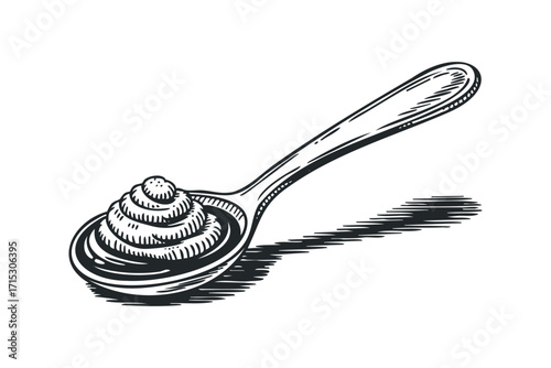 Spoon With Swirl of Mustard on Transparent. Vector hand drawn