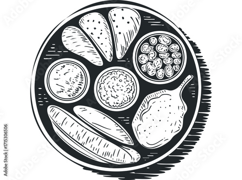 Hand-drawn thali platter with food on transparent background. Vector hand drawn