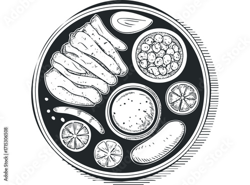 Isolated hand drawn food plate assortment with transparent background. Vector hand drawn