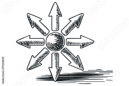 Eight Arrows Radiating Outward from Central Sphere. Vector hand drawn