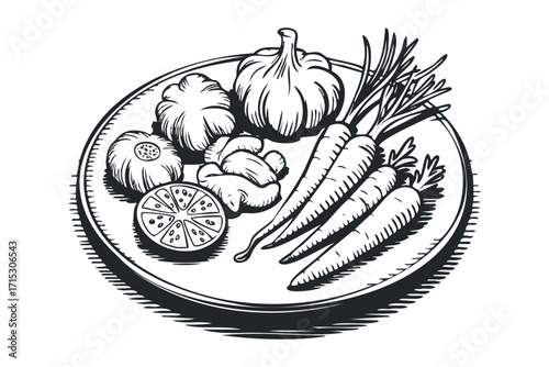 Plate of Vegetables and Lemon Slice Isolated on Transparent Background. Vector hand drawn
