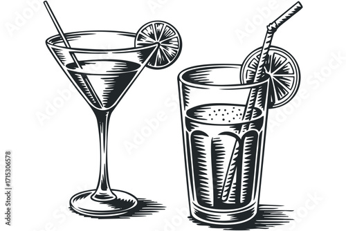 Two black and white outline drinks with citrus slices and straws on transparent background. Vector hand drawn