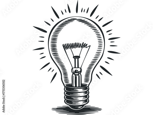 Simple light bulb with radiating lines on transparent. Vector hand drawn
