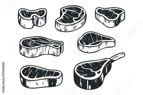 Collection of Fresh Meat Cuts Transparent Background. Vector hand drawn