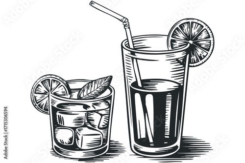 Two refreshing drinks with citrus slices and ice on transparent background. Vector hand drawn