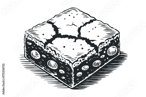 Textured baked brownie square with cracked top on white. Vector hand drawn