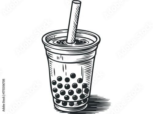 Ink Drawing Bubble Tea on Transparent Background. Vector hand drawn