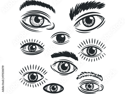 Collection of stylized eyes on transparent background. Vector hand drawn