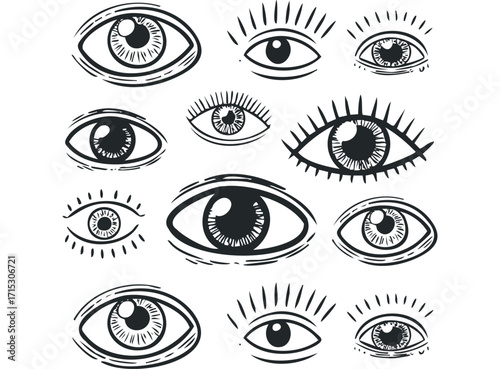 Collection of stylized eyes icons on transparent background. Vector hand drawn