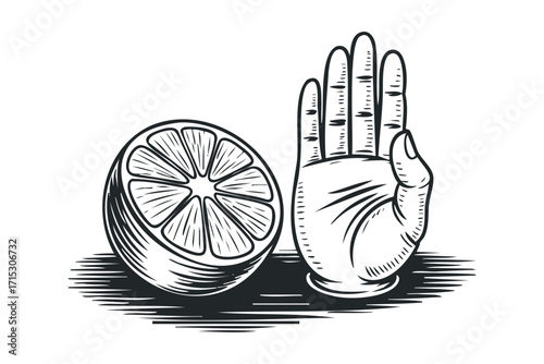 Citrus Fruit Slice Hand Pose Symbol on Transparent. Vector hand drawn