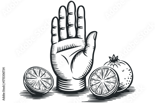 Woodcut style hand with sliced and whole citrus fruit on transparent background. Vector hand drawn