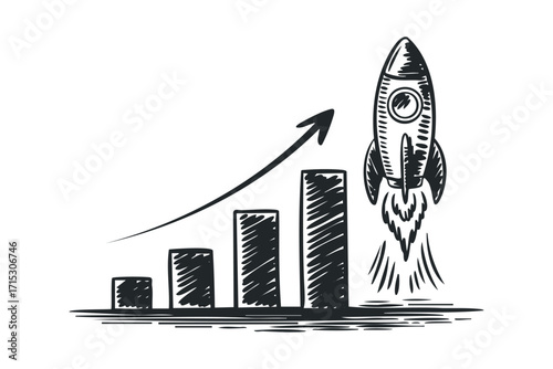 Rocket launch with growing bar chart and upward arrow. Vector hand drawn