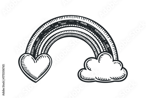 Heart and cloud rainbow graphic on transparent background. Vector hand drawn