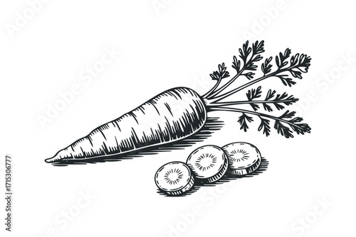 Whole carrot with green leaves and slices on transparent background. Vector hand drawn