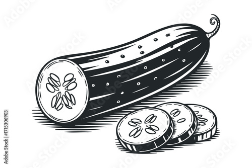 Fresh cucumber whole and sliced on transparent background. Vector hand drawn