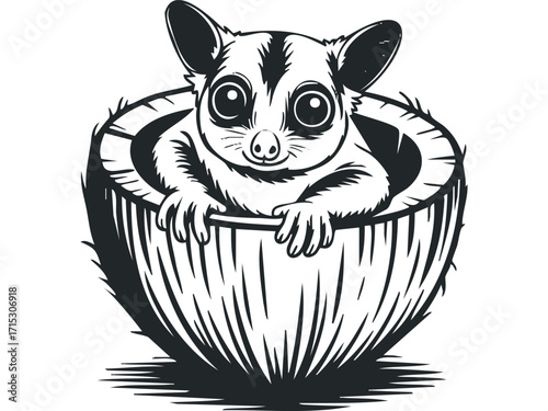 Cute possum in coconut shell image. Vector hand drawn