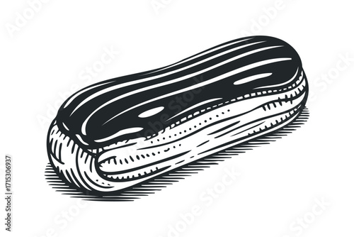 Eclair pastry with chocolate glaze on white. Vector hand drawn