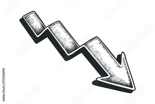 Sketched downturned arrow on transparent for decline concept. Vector hand drawn