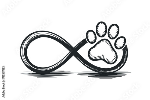 Infinity symbol with dog paw on transparent background. Vector hand drawn