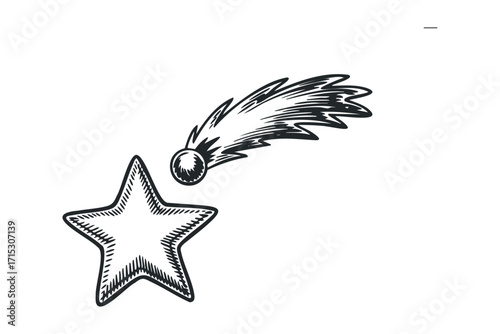 Sketch of a falling star with trail on transparent background. Vector hand drawn