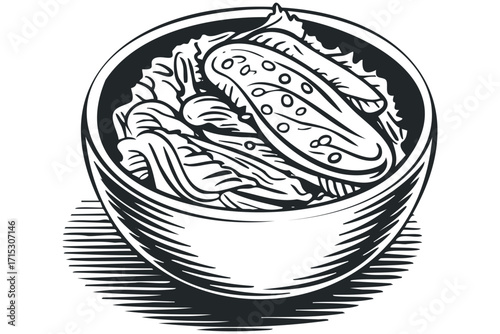 Bowl of pickles and lettuce vector graphic on transparent. Vector hand drawn
