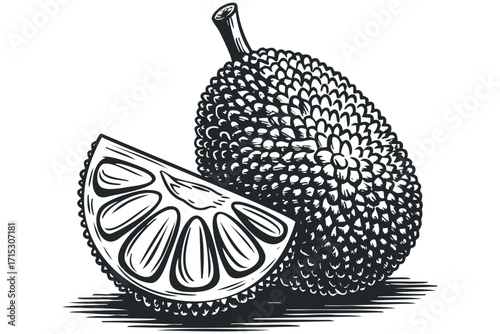 Jackfruit slice and whole fruit on transparent background. Vector hand drawn